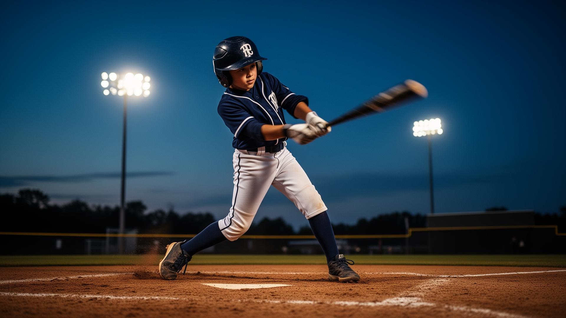 Youth baseball player swinging under stadium lights